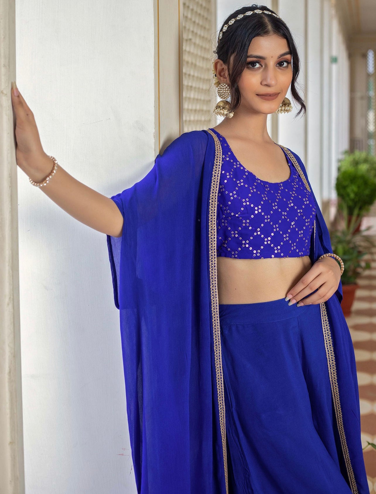 Blue sequin work crop top palazzo and shrug