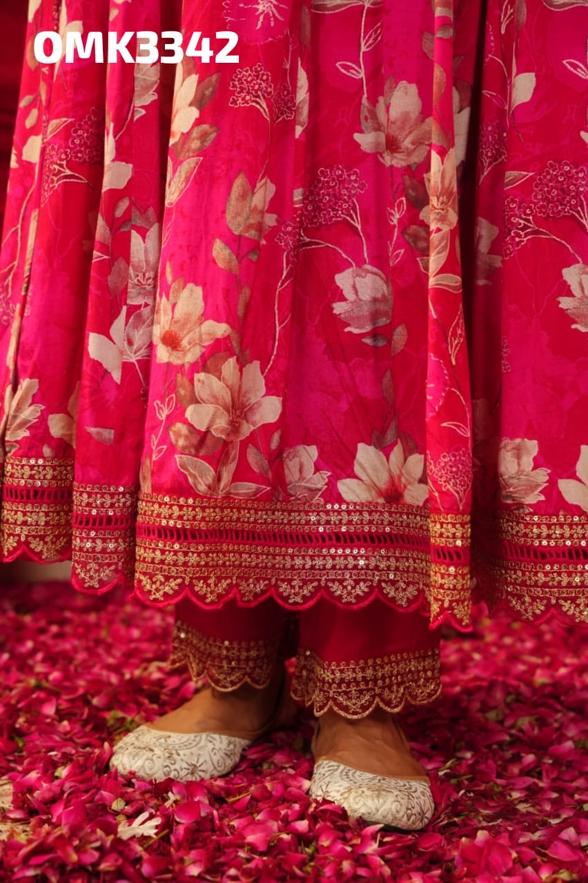 Hot pink floral pure chinnon silk anarkali kurta set