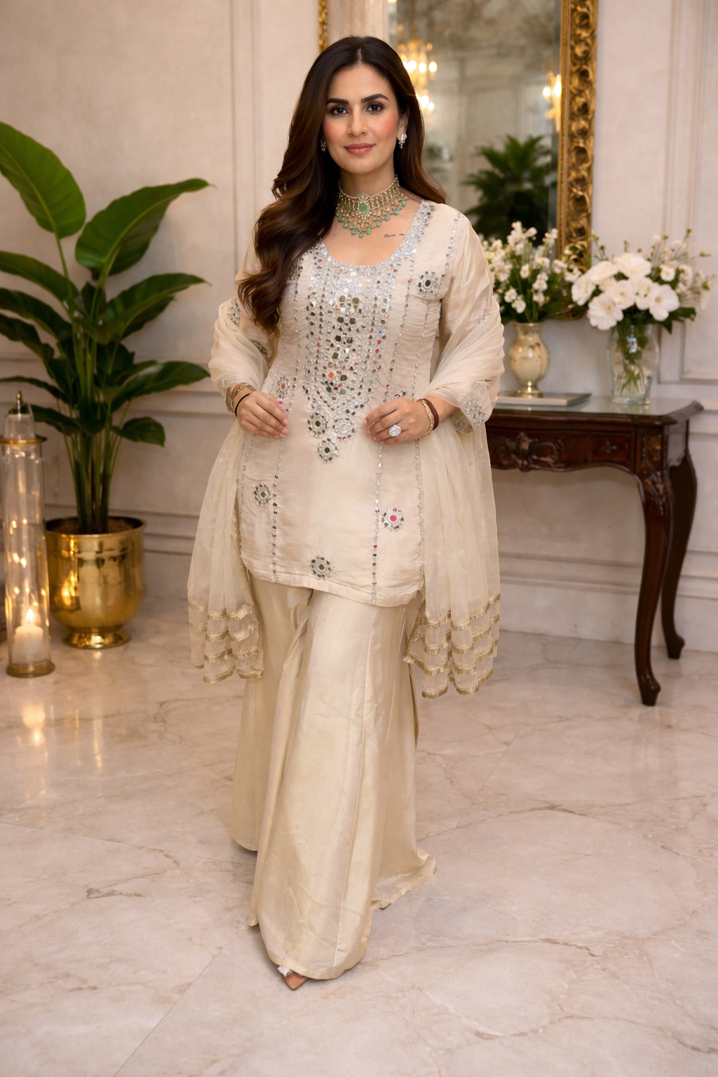 Off white beige elegant heavy real mirror work sharara suit