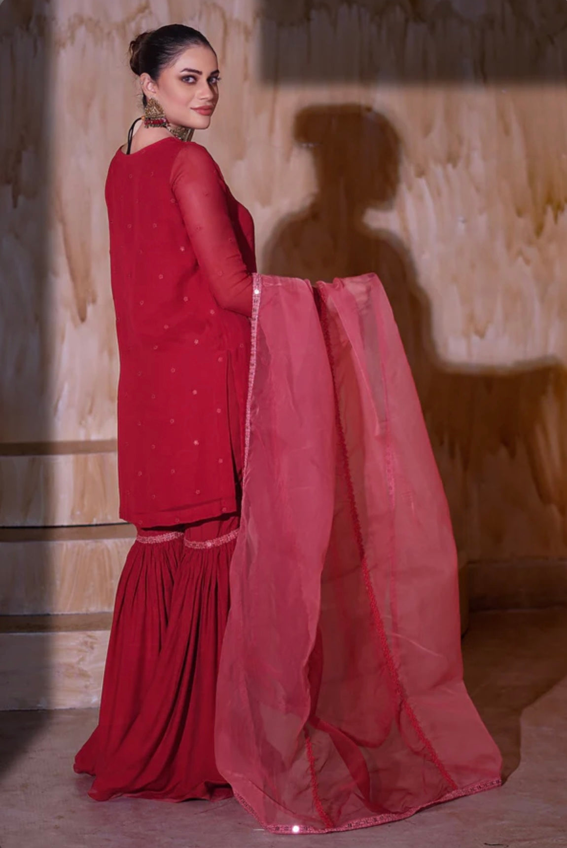 Red elegant chiffon sharara suit