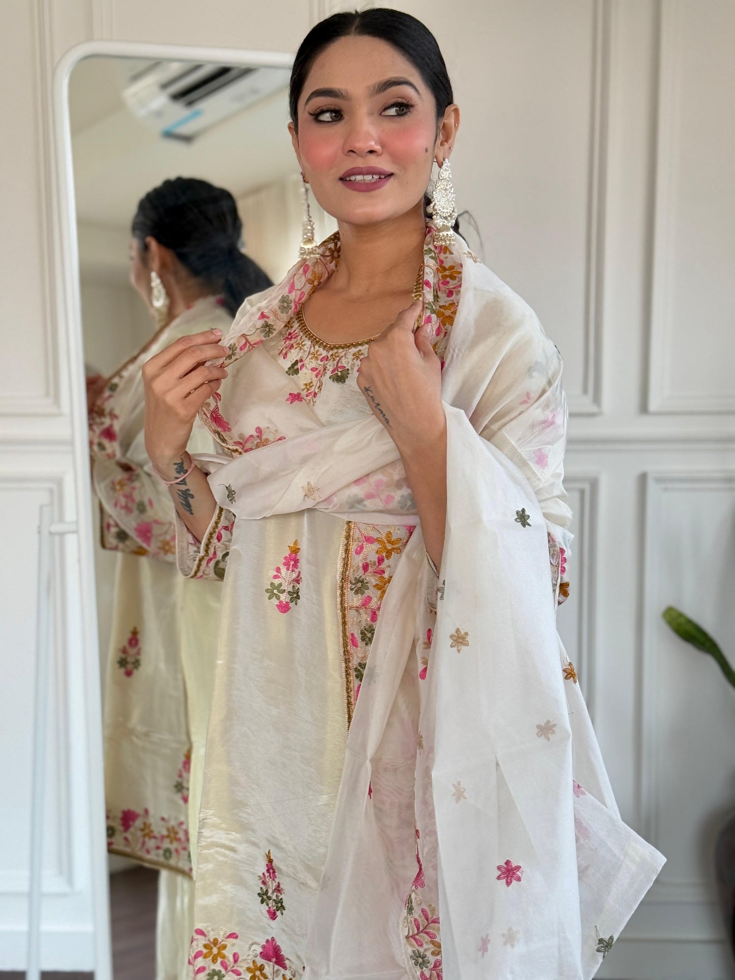 Off white tissue sharara set with heavy kashmiri work