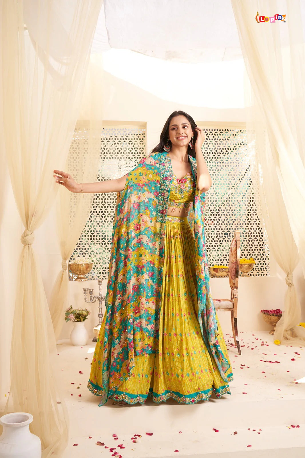 Parrot green handwork lehenga worh shrug