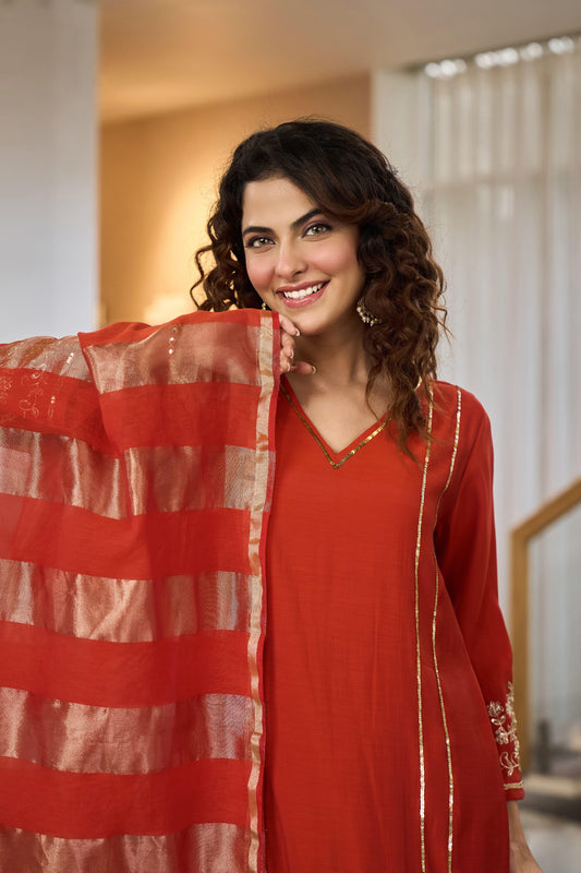 Rust orange pure mul chanderi handwork suit