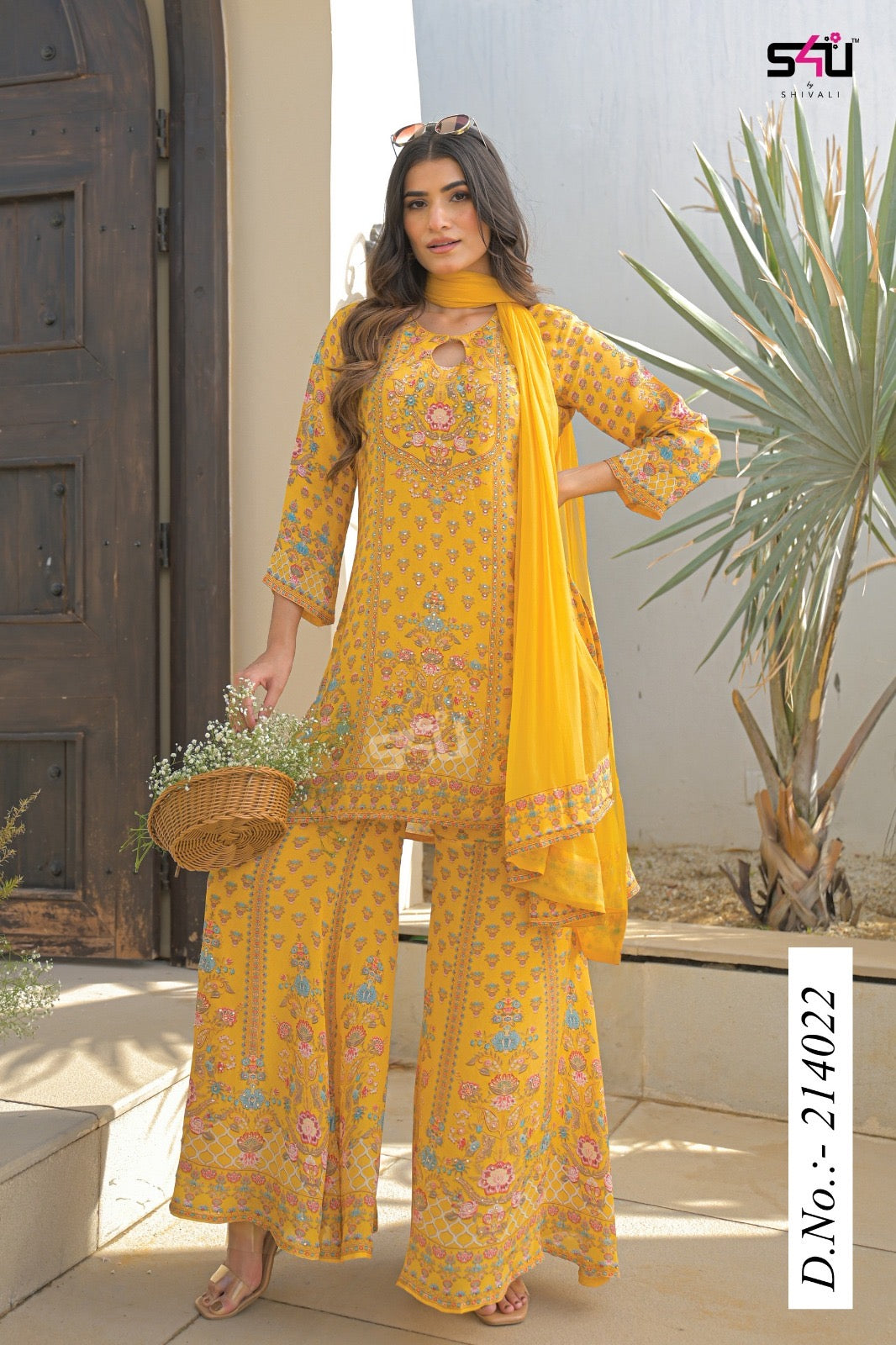 Yellow crepe sharara suit