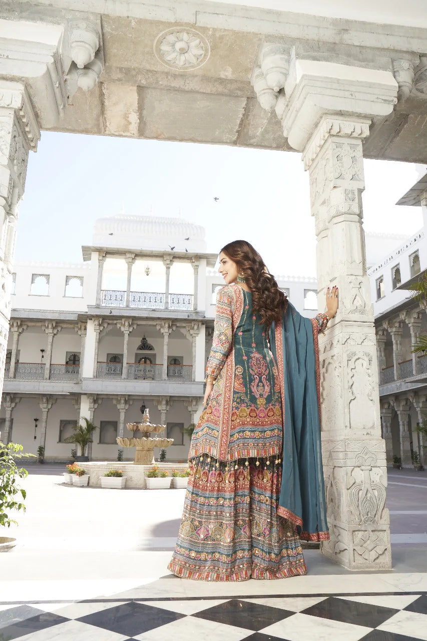 Teal pure crepe stunning sharara suit
