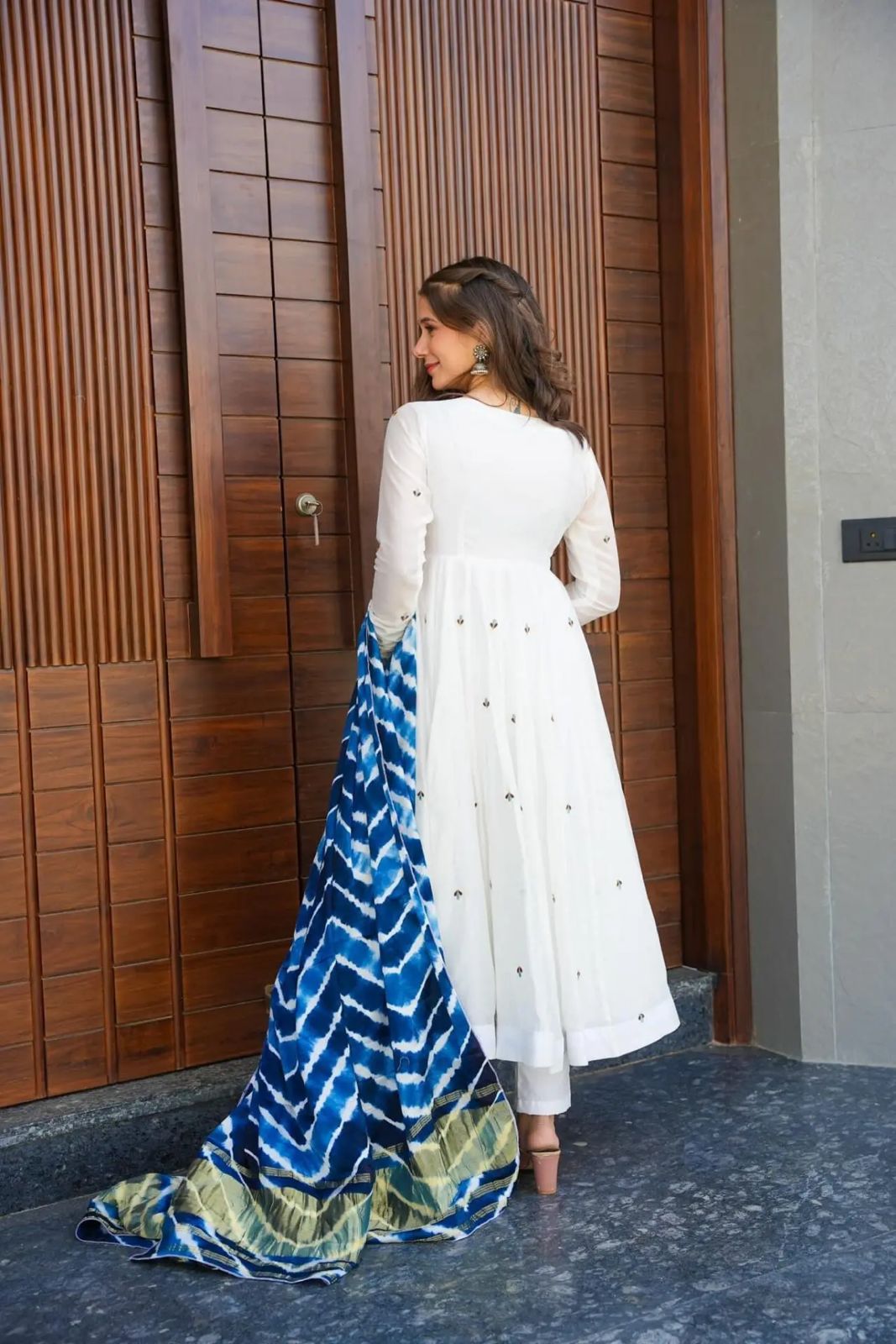 White georgette anarkali kurta set with leheriya dupatta