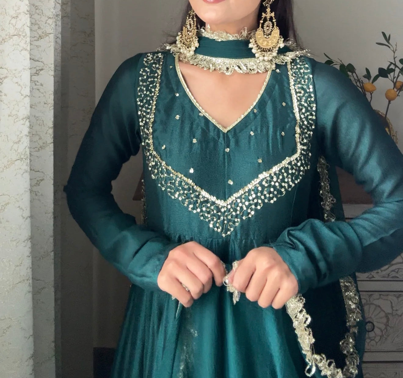Teal wide flare anarkali kurta set