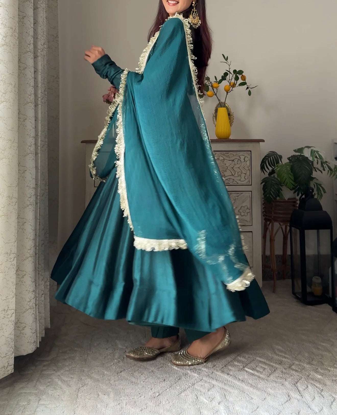Teal wide flare anarkali kurta set