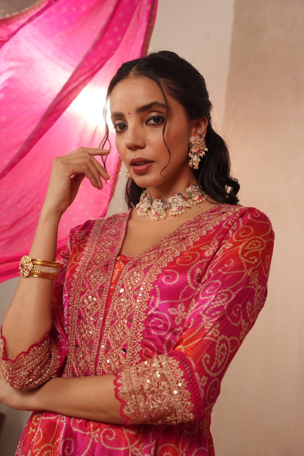 Pink and orange bandhni print stunning mirror work anarkali kurta set