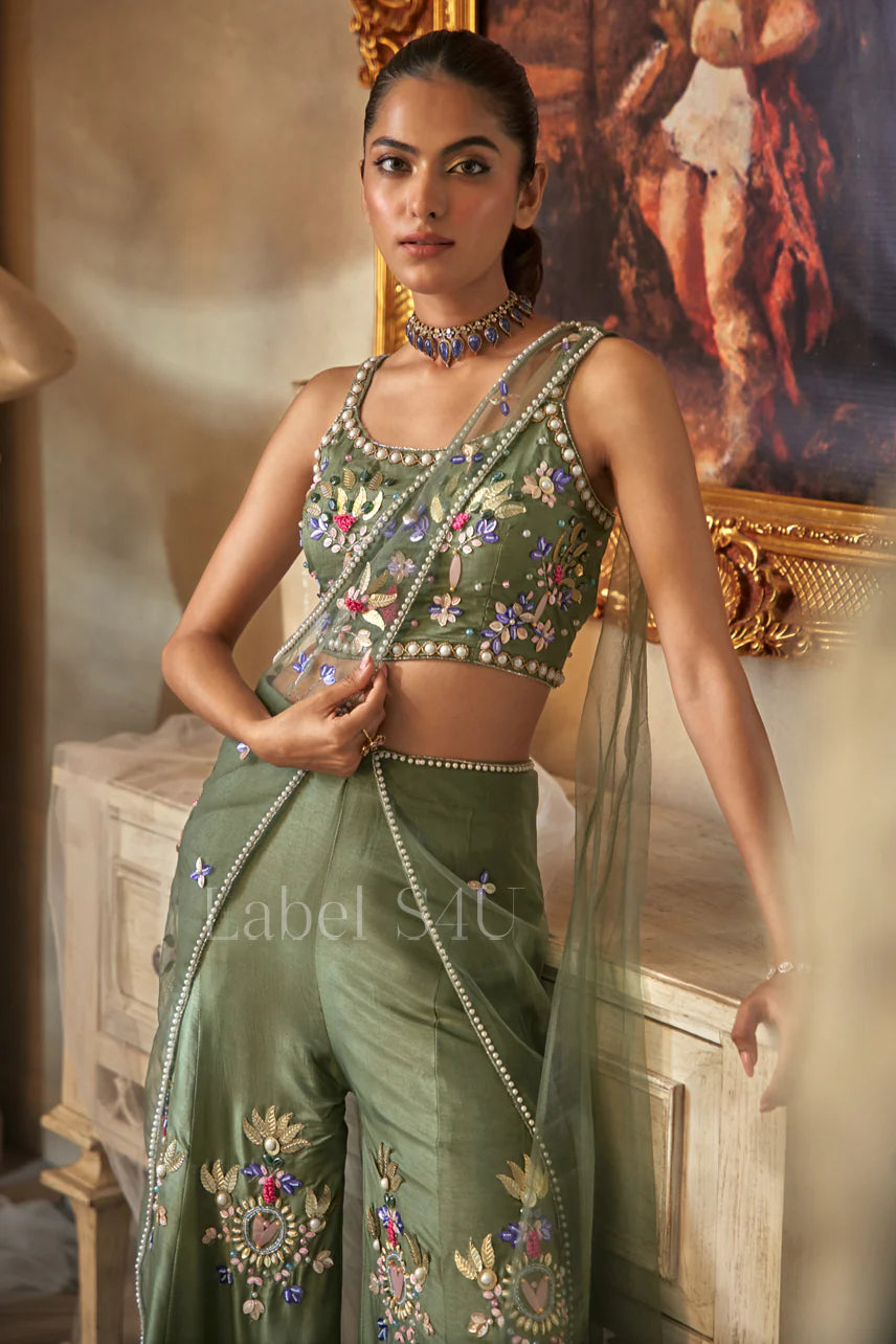 Sage green heavy handwork partywear indo western