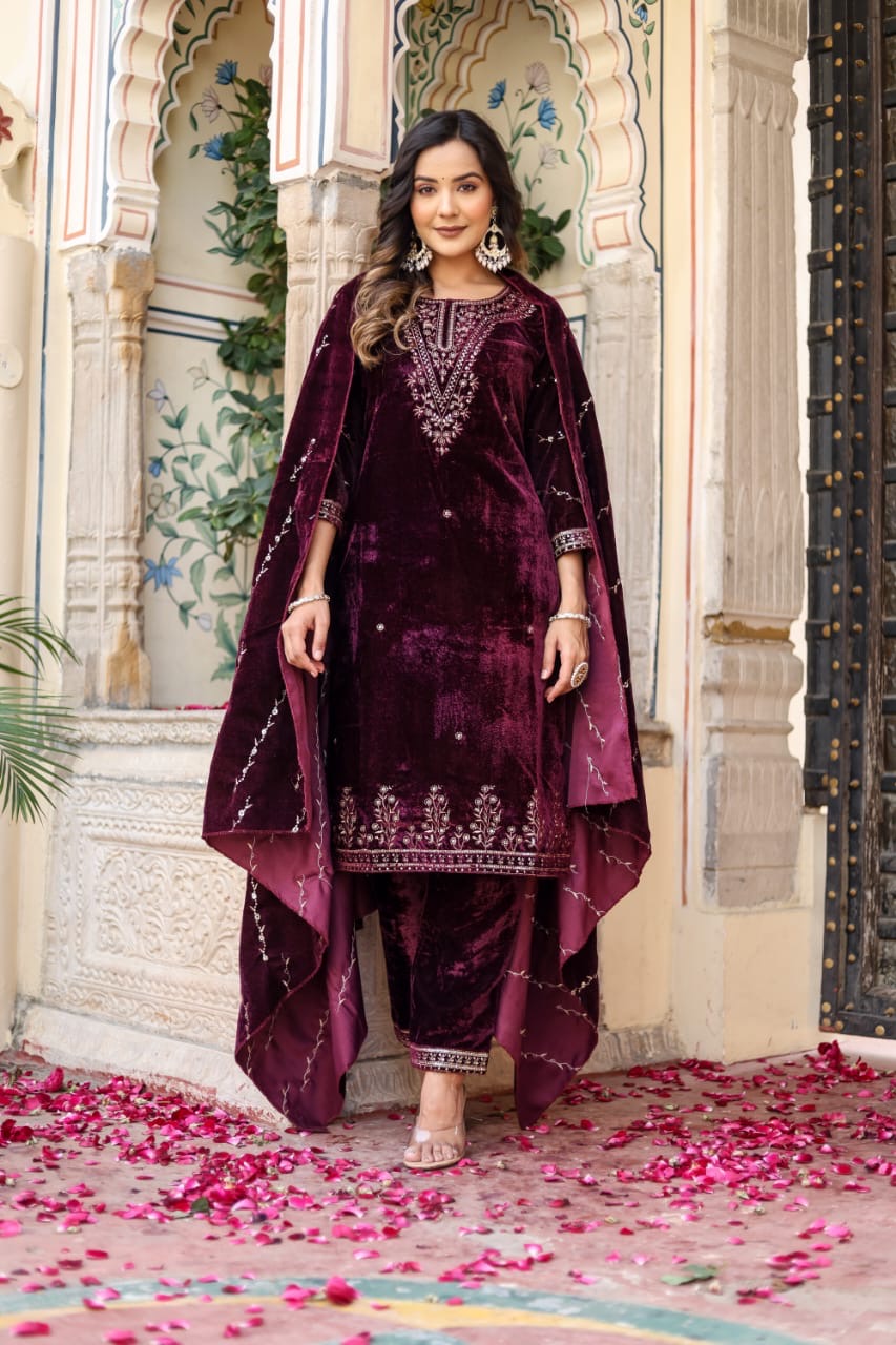 Wine heavy embroidered velvet suit