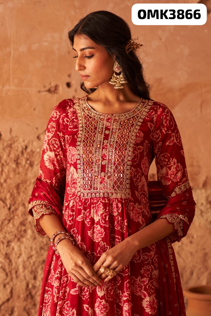 Red pure elegant chinnon silk floral anarkali kurta set
