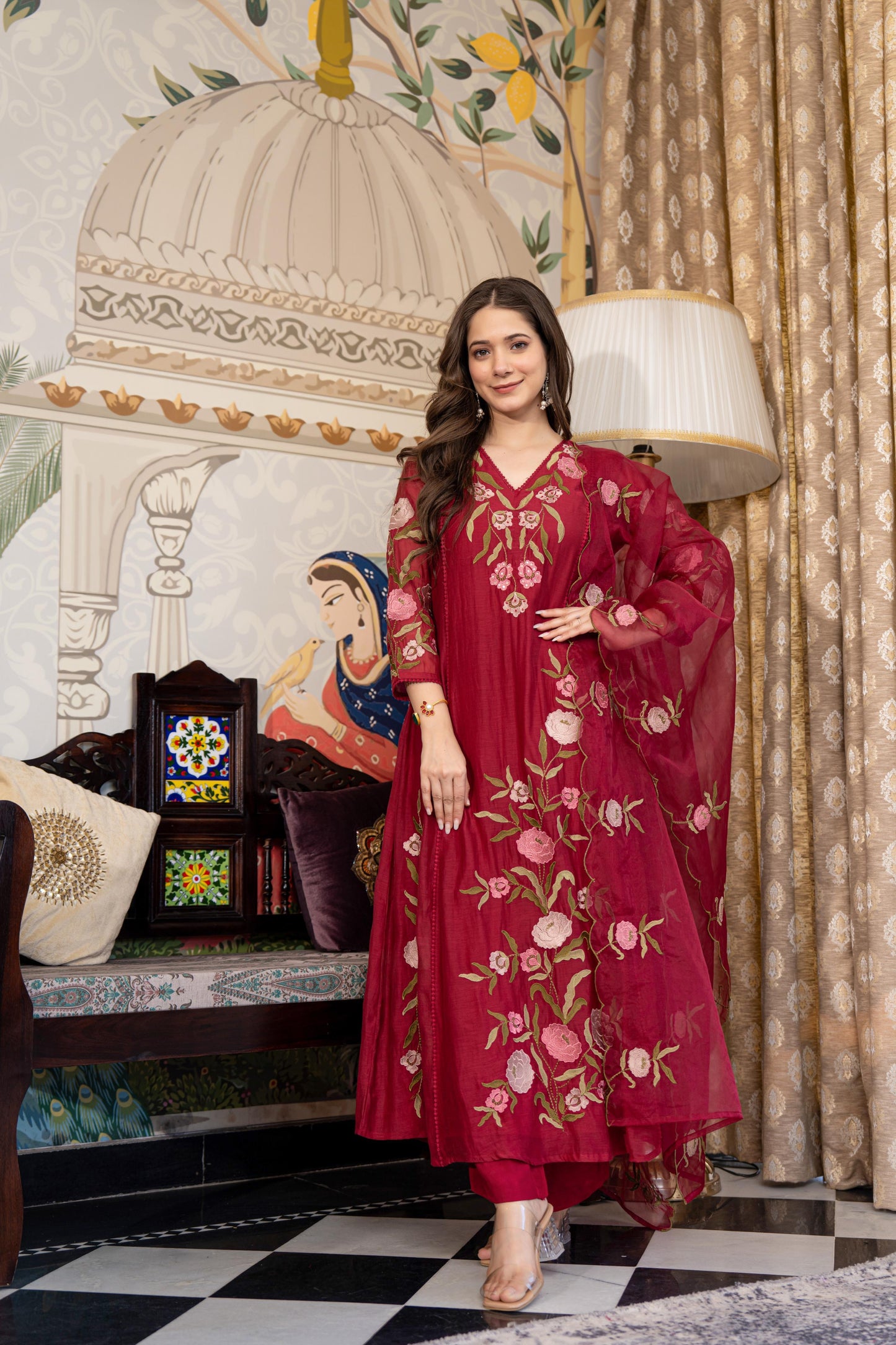 Wine pure mul chanderi stylish A line suit