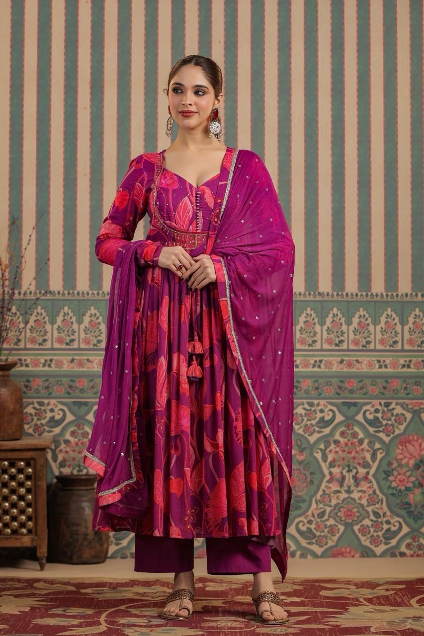Purple and pink beautiful jacket style kurta set with mirror work
