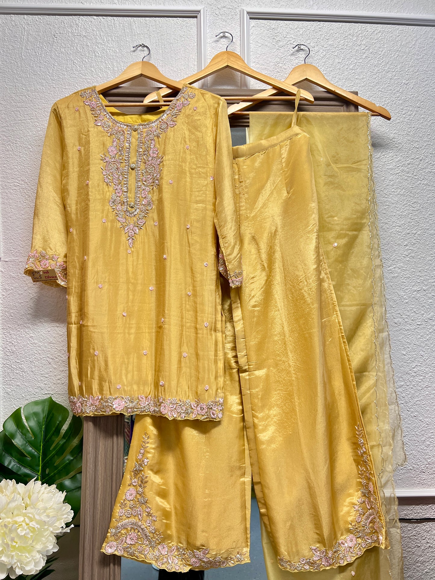 Lemon yellow pure shimmer tissue heavy handwork palazzo suit