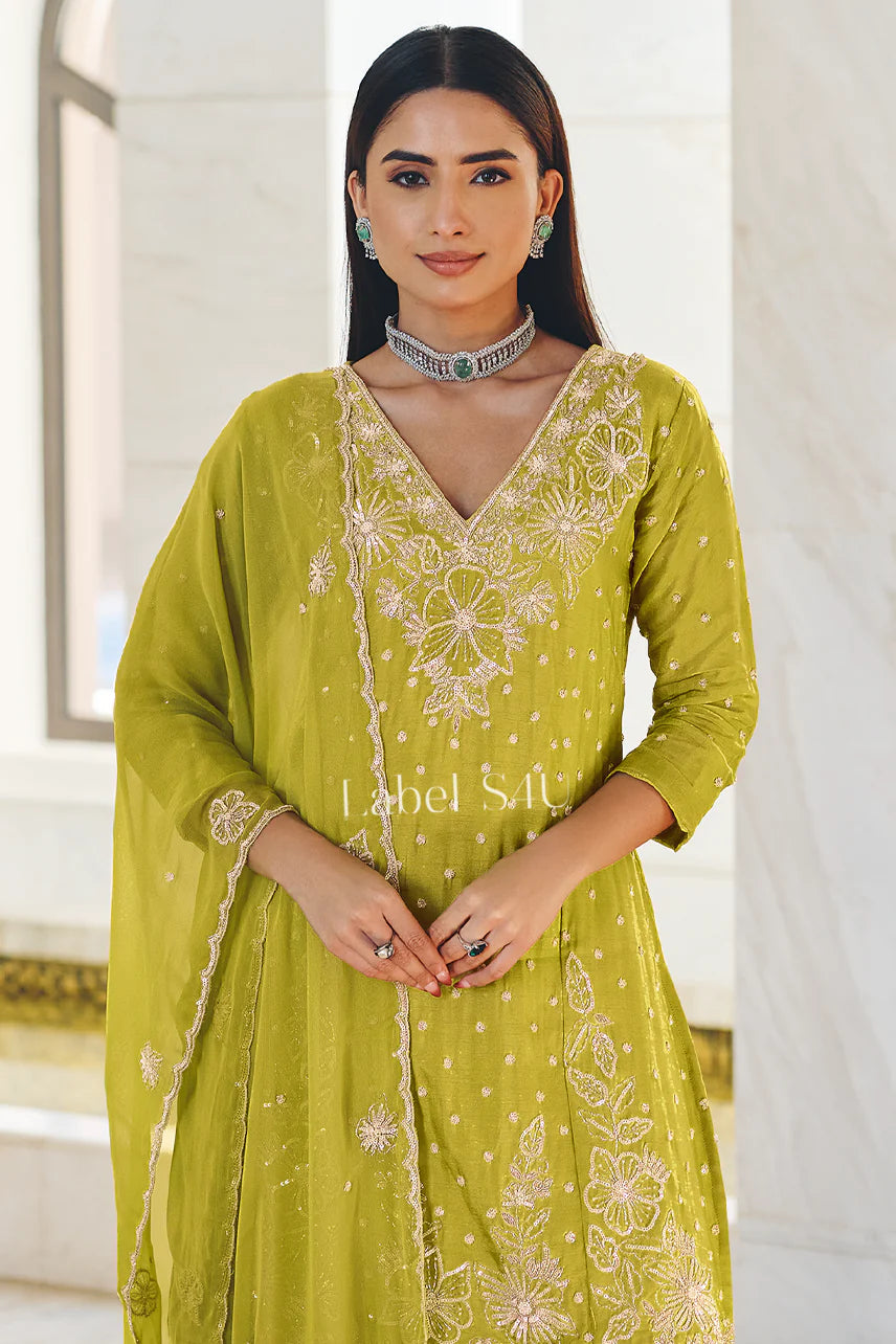 Lemon green partywear handwork sharara suit