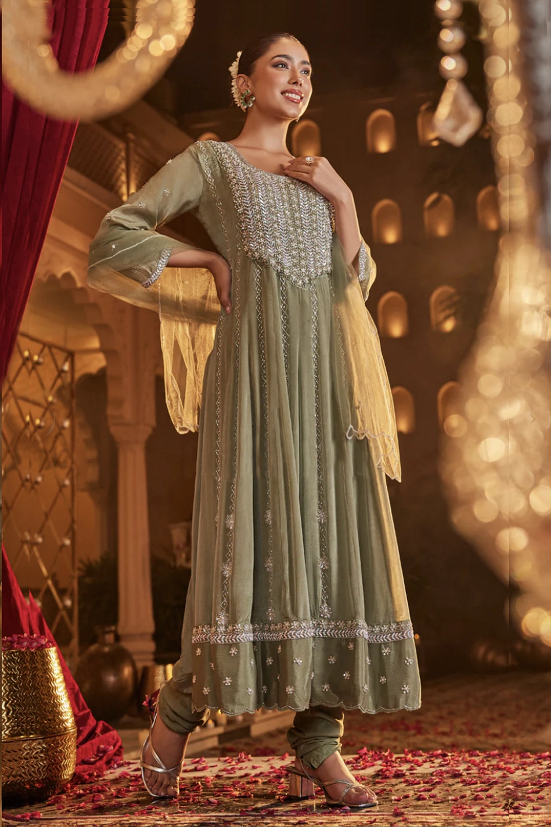 Sage green designer heavy handwork anarkali kurta set