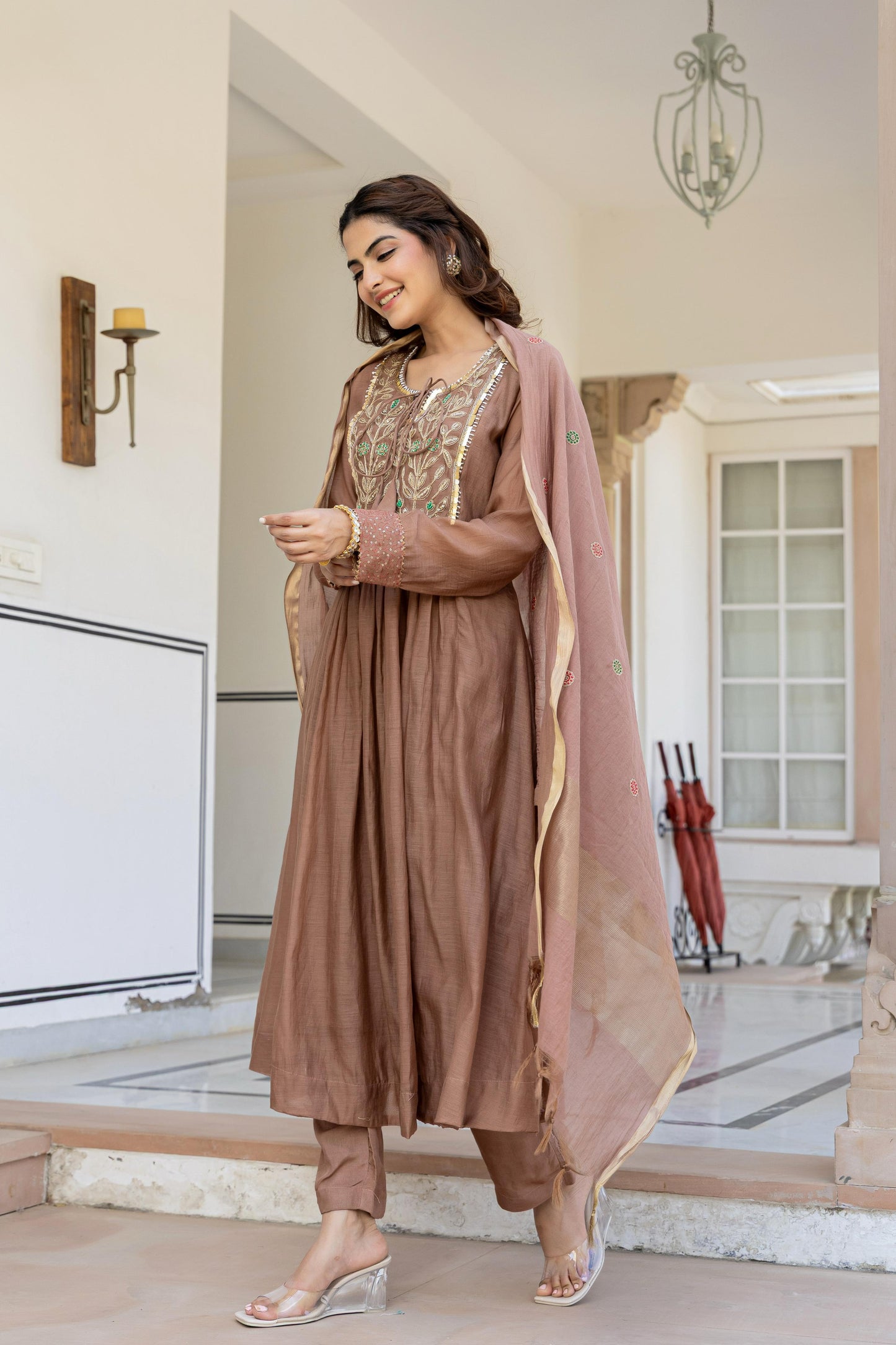Beige pure mul chanderi heavy handwork yoke suit