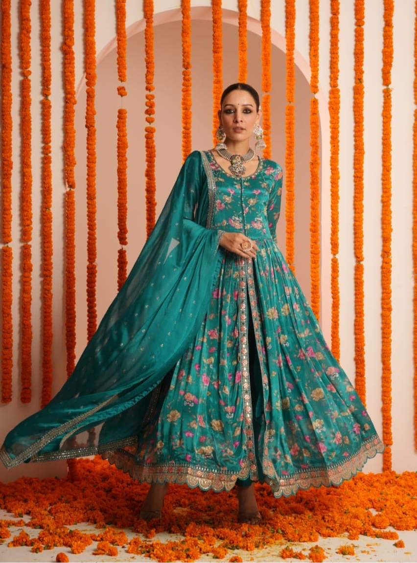 Teal pure chinnon partywear anarkali kurta set