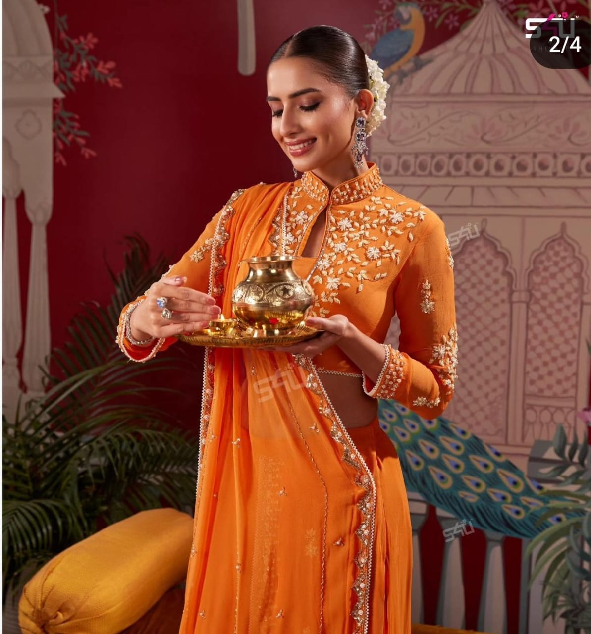 Orange Heavy handwork partywear predraped saree