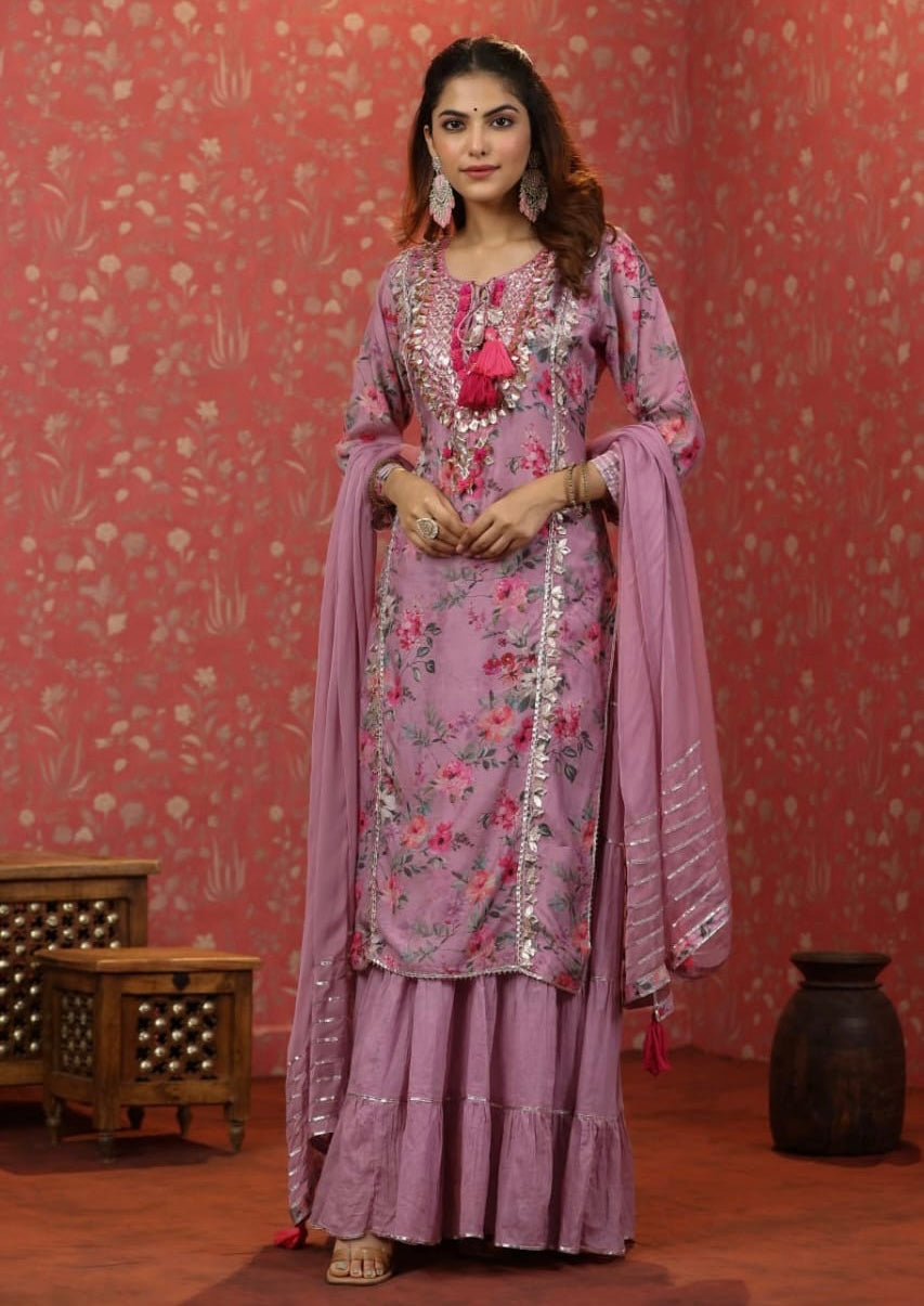 Mauve Premium quality Heavy Gota work Sharara set with attached skirt