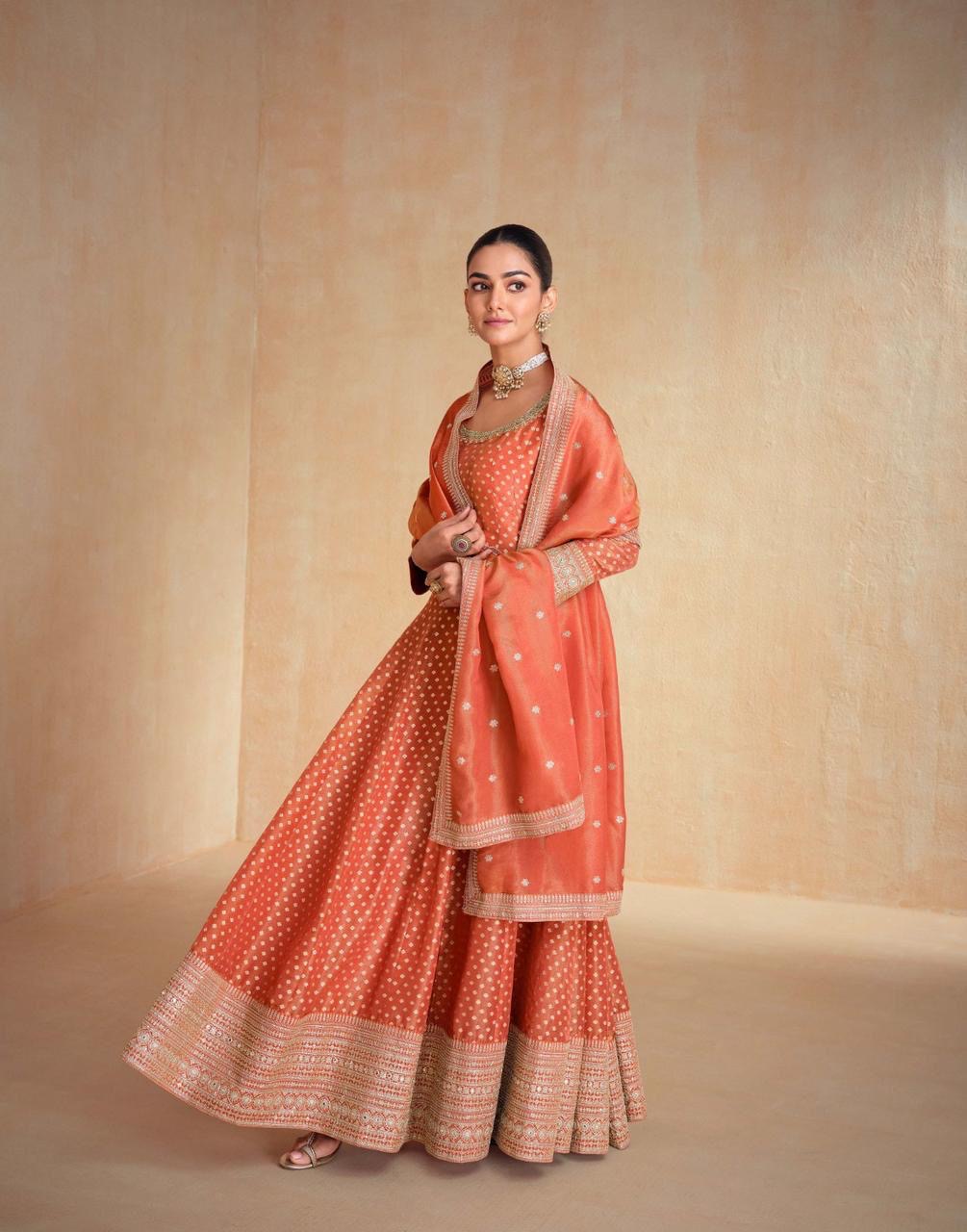 Orange banarasi jacquard long anakali gown set