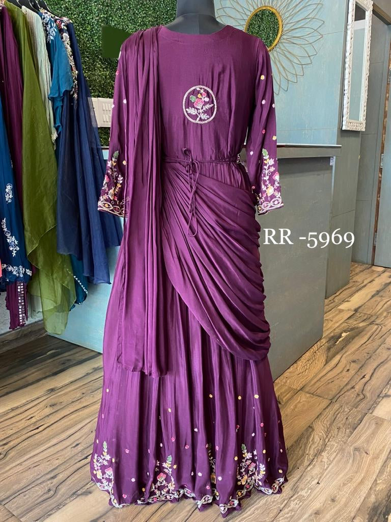 Dark purple wedding wear predraped saree