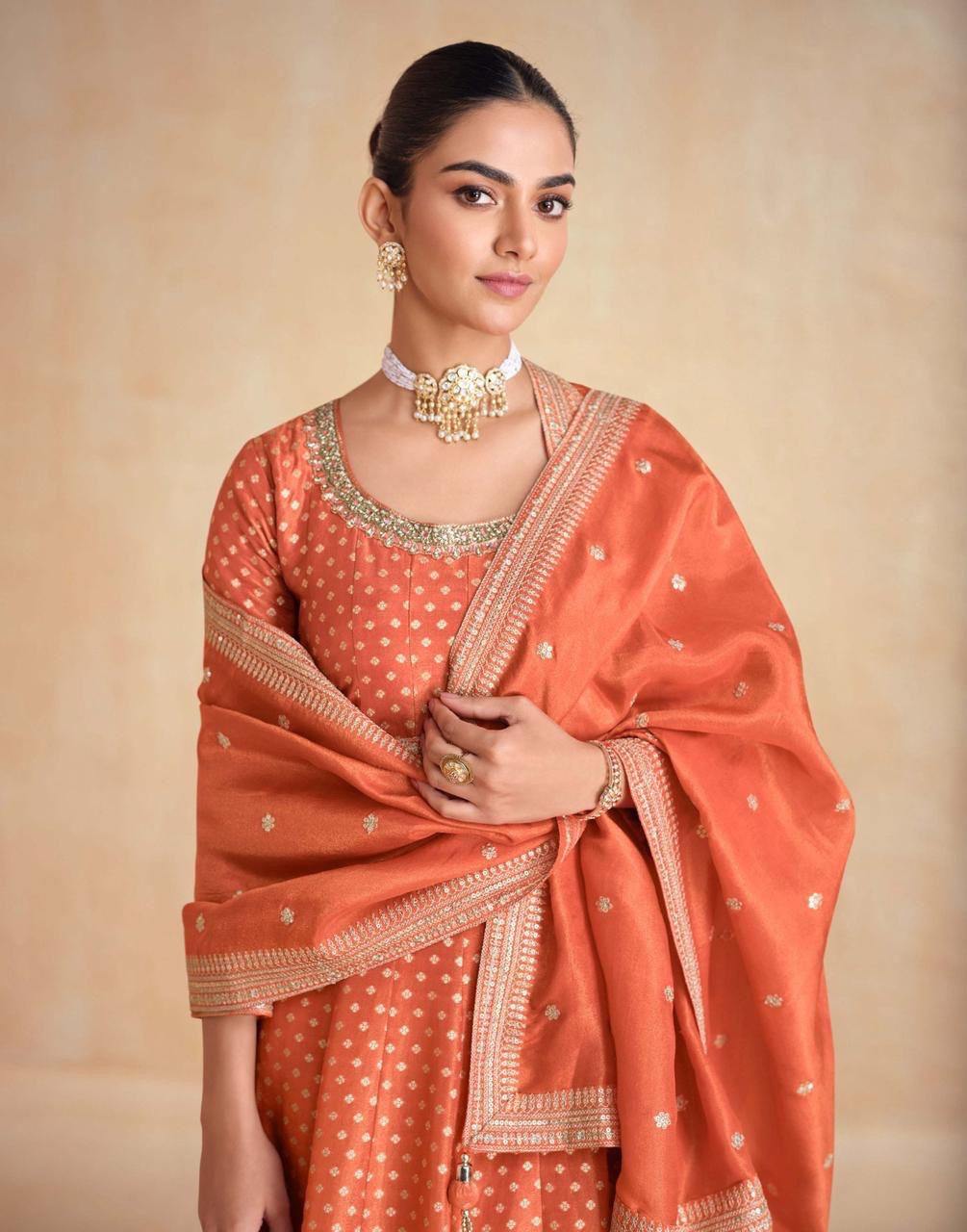 Orange banarasi jacquard long anakali gown set