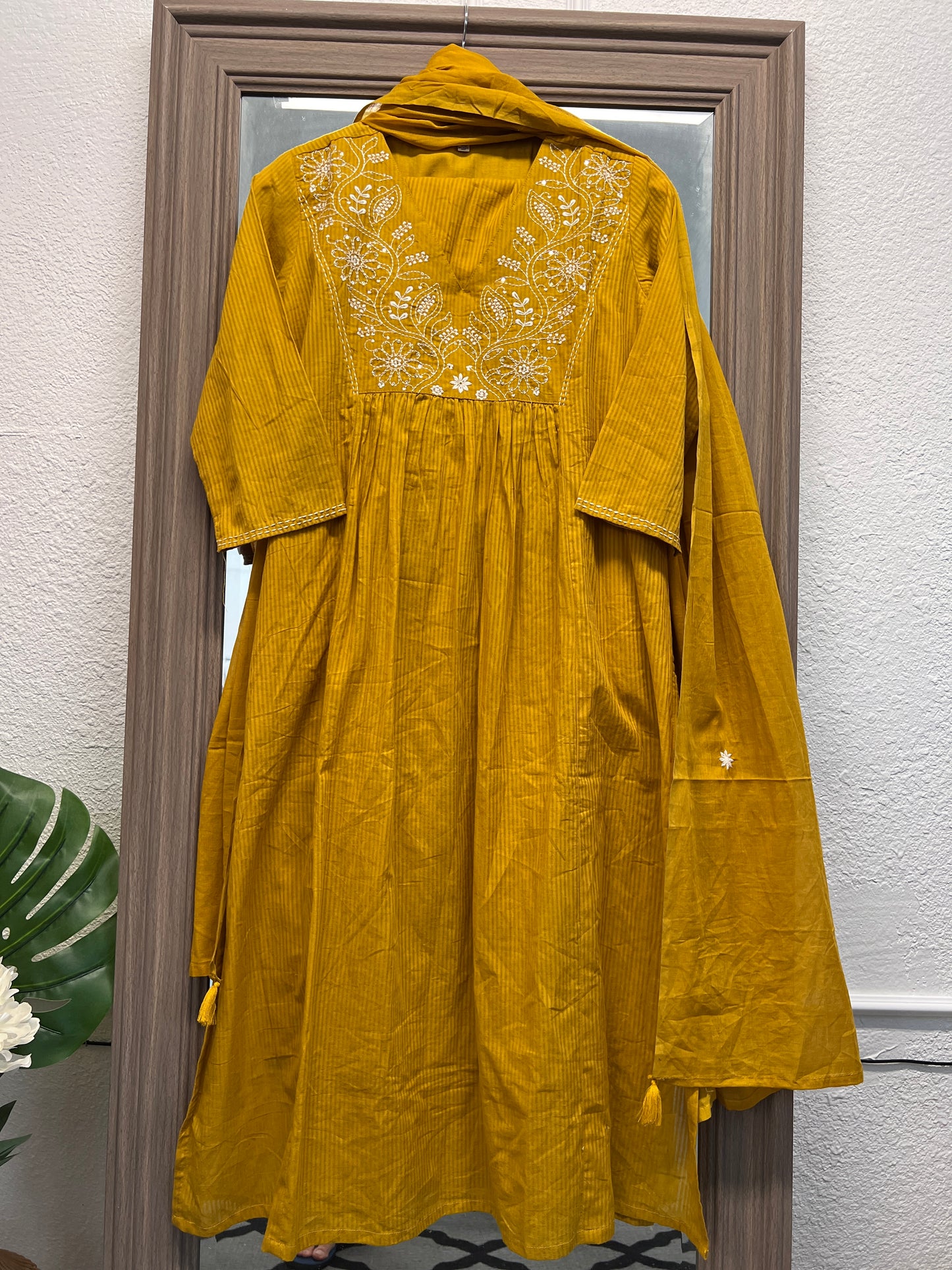 Mustard yellow pure mul cotton 3 pc suit
