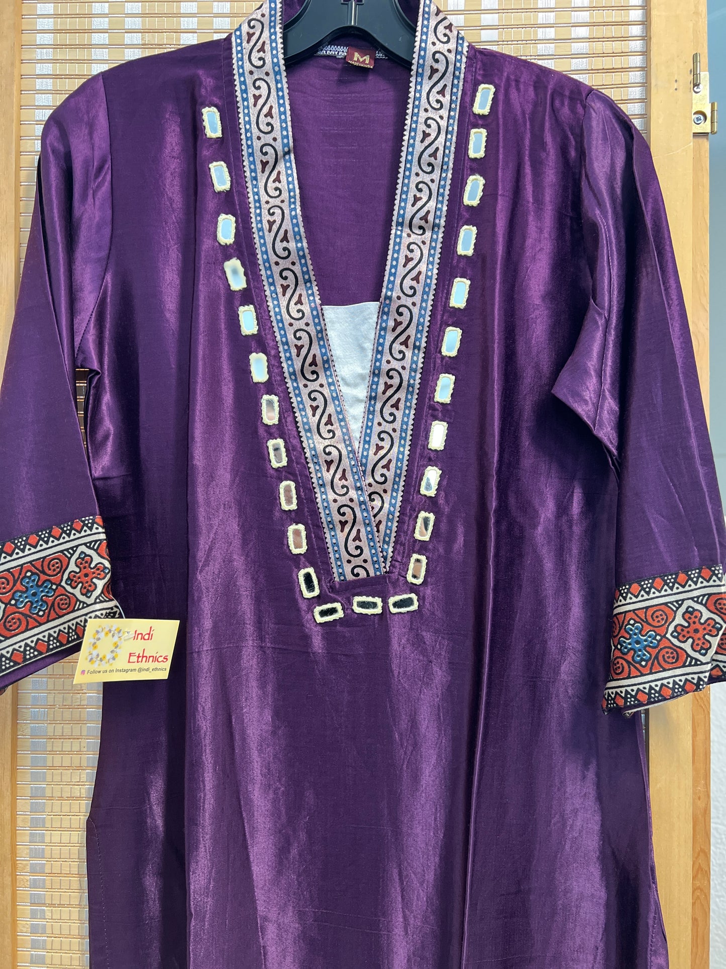 Violet pure gaji silk v neck kurti with real mirror work
