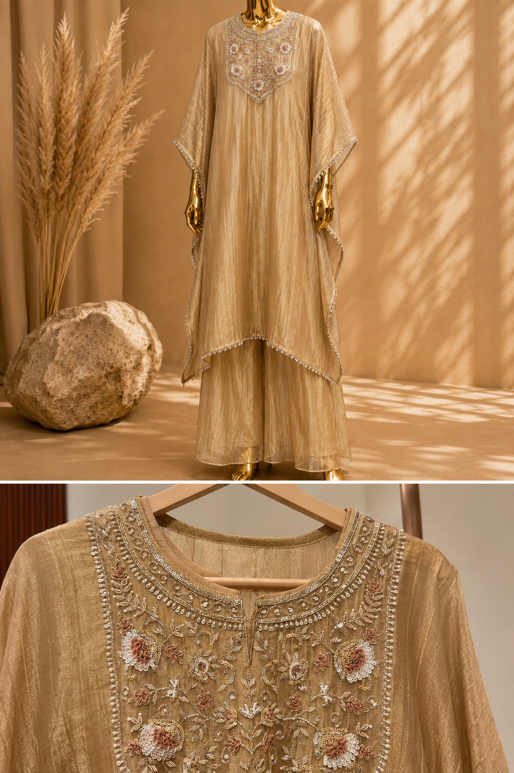 Golden beautiful handwork tissue kaftan set