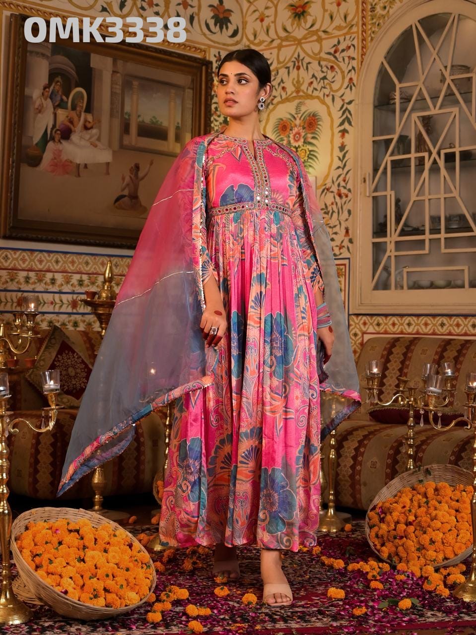 Pink floral long pure chinnon kurta set