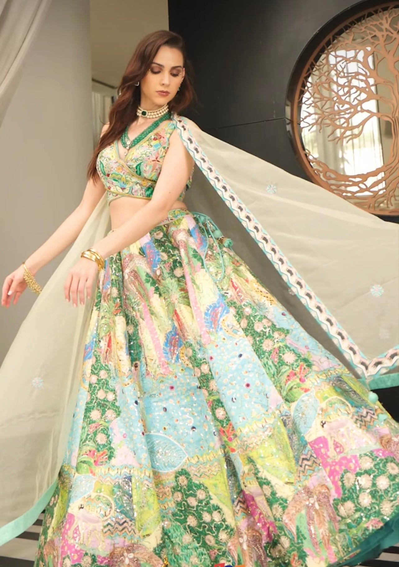 Green Multicolor partywear handwork lehenga