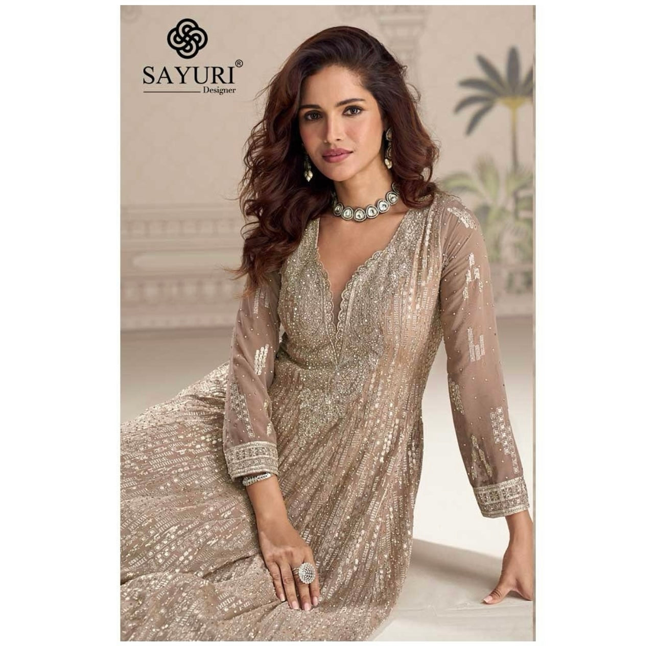 Beige golden heavy work partywear gown