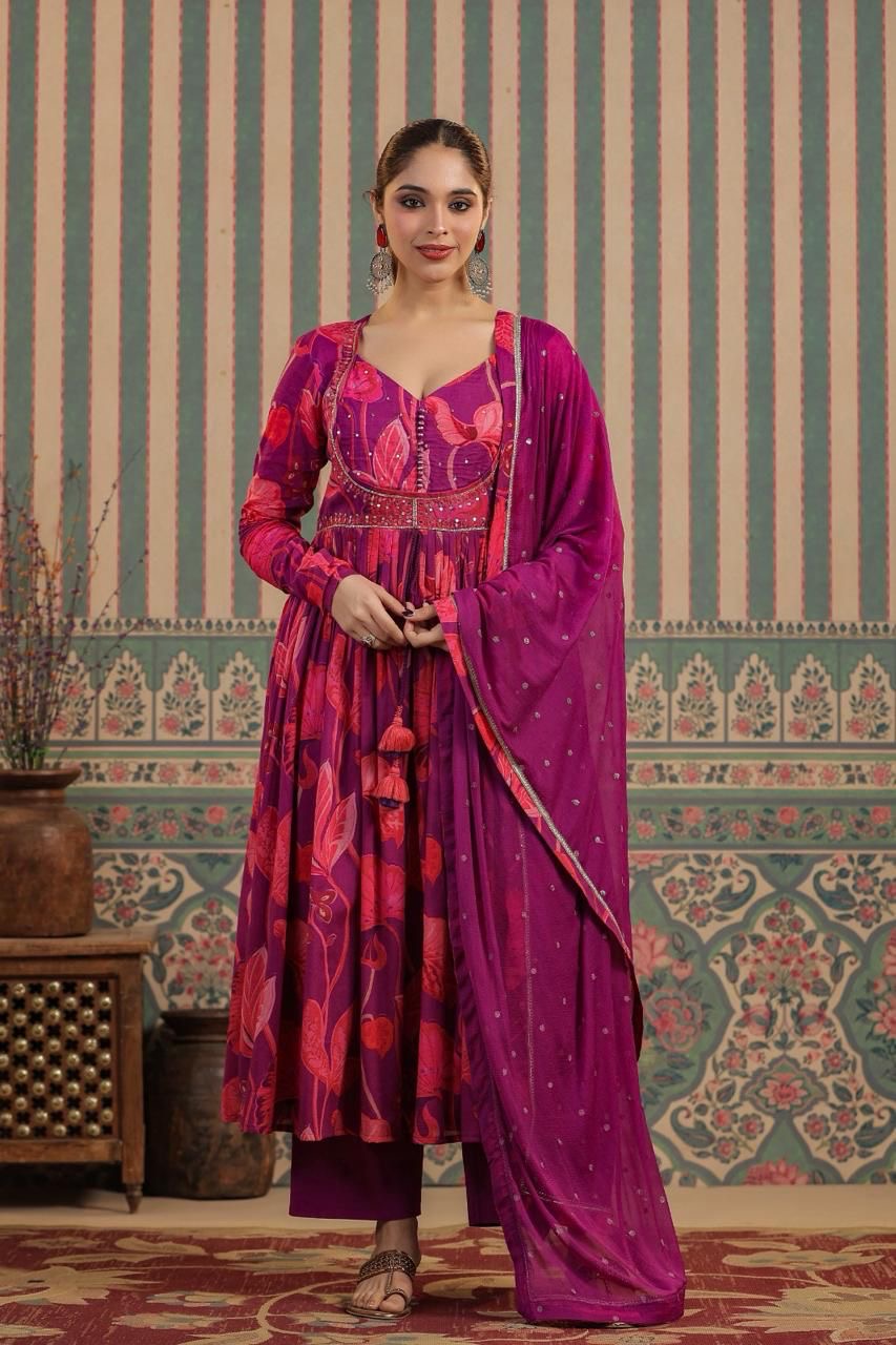 Purple and pink beautiful jacket style kurta set with mirror work