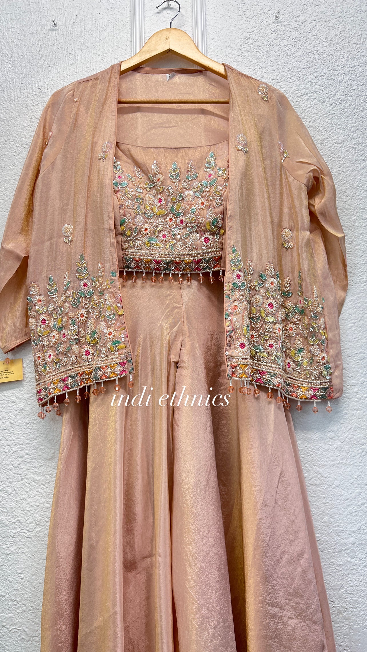 Onion pink heavy handwork partywear indo western top with shrug and sharara