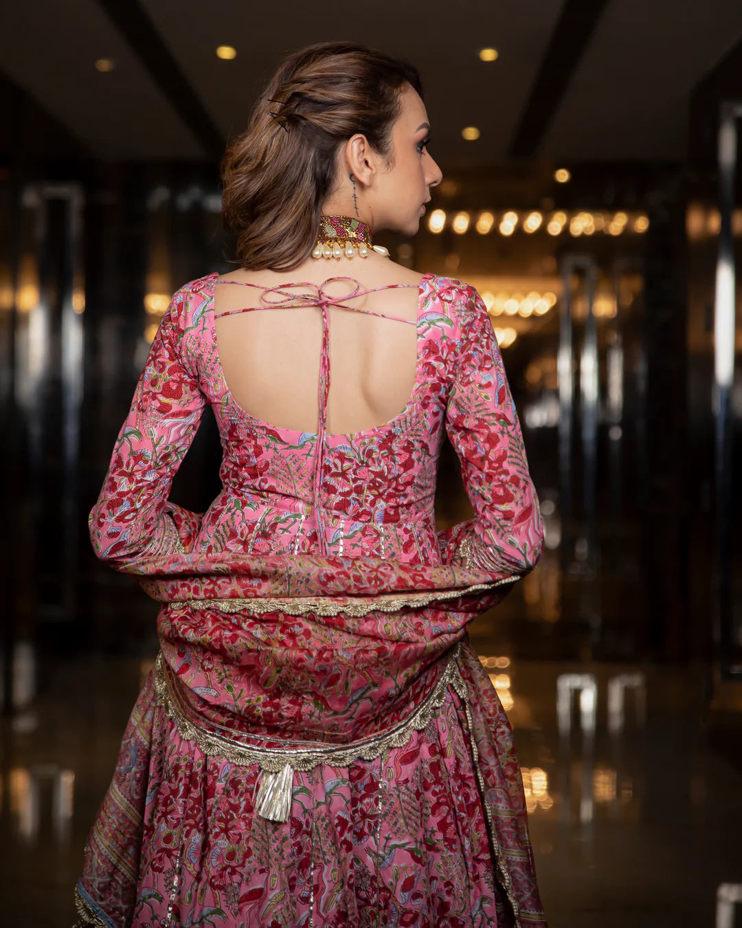 Plus size pink floral anarkali kurta set