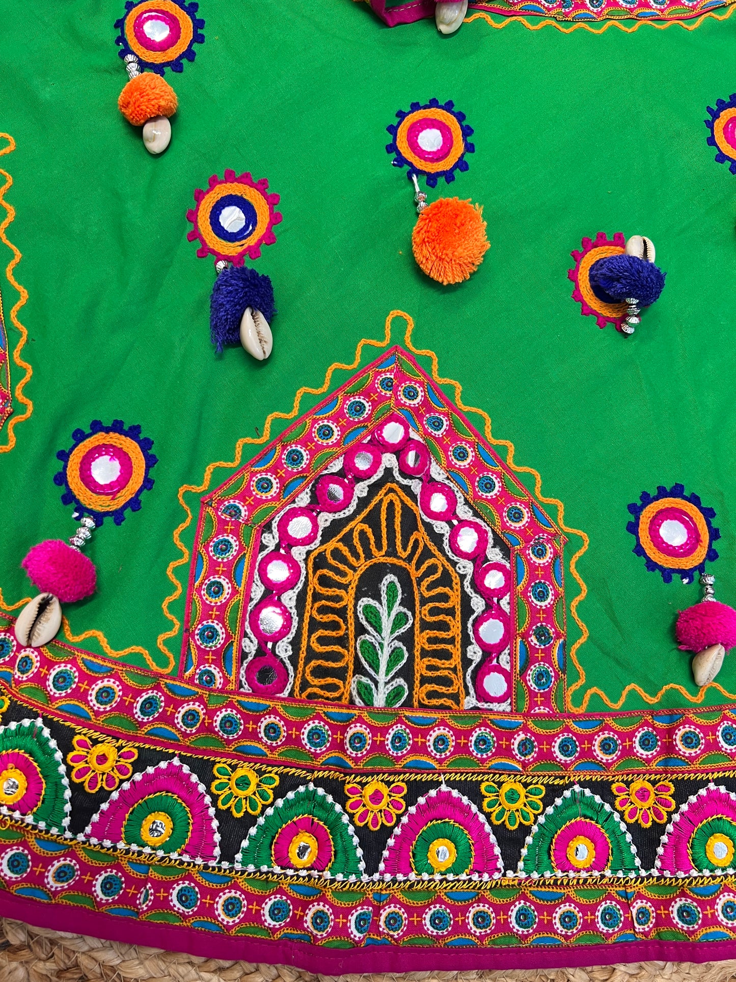 Green pure cotton embroidered & mirror work lehnega choli dupatta