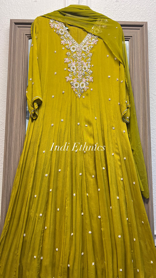 Parrot green beautiful handwork anarkali kurta pants dupatta set