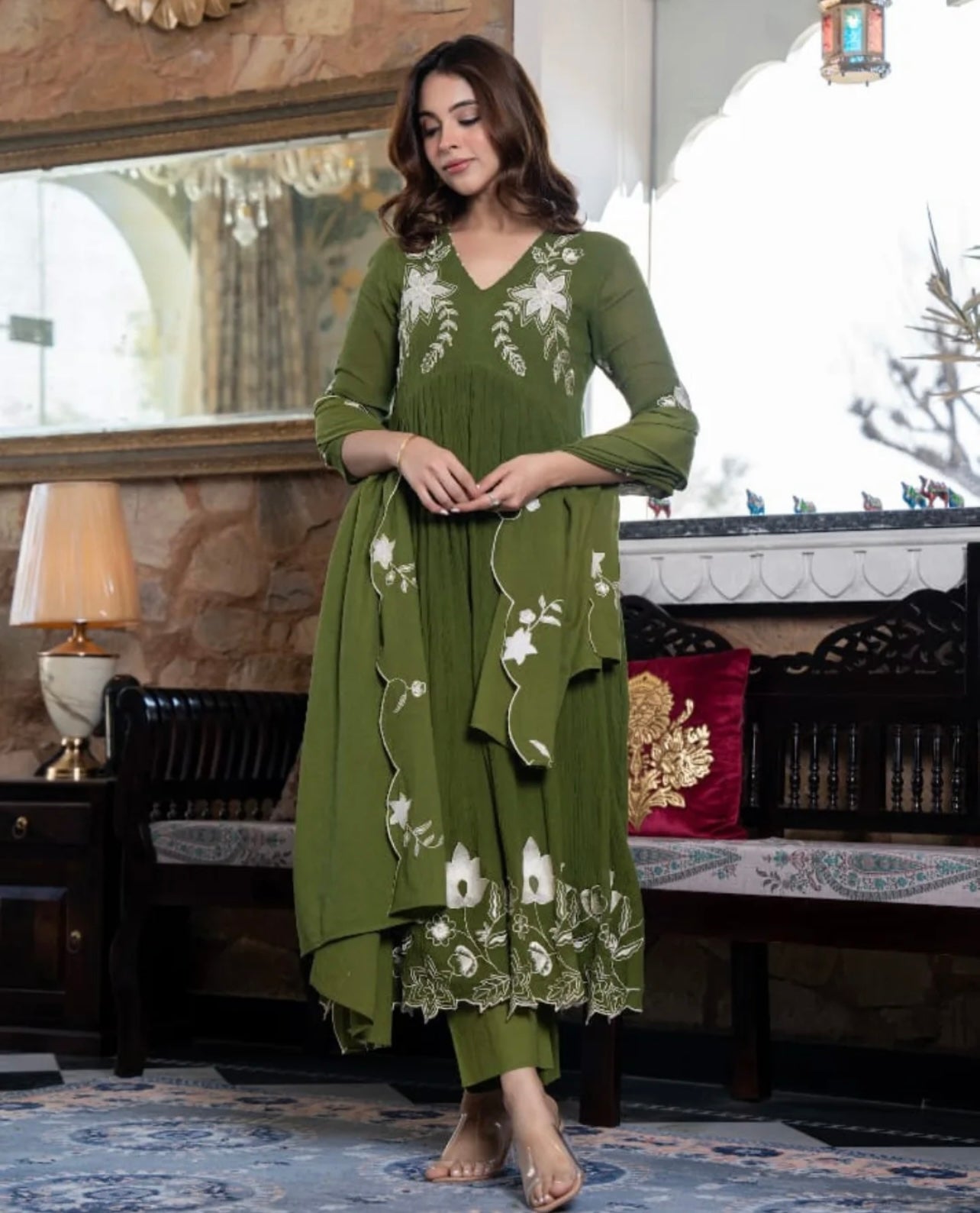 Olive green beautiful appique work suit