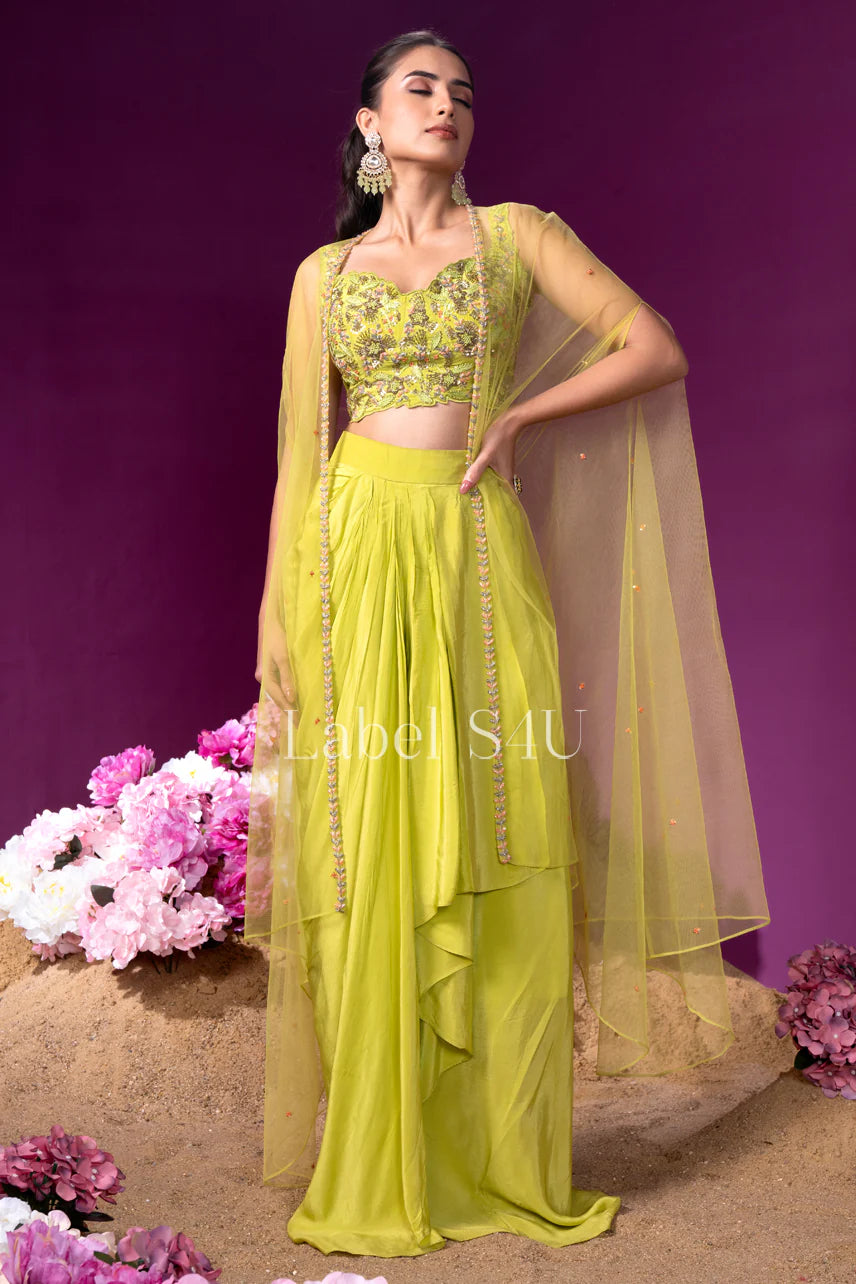 Lemon heavy handwork indo western with shrug