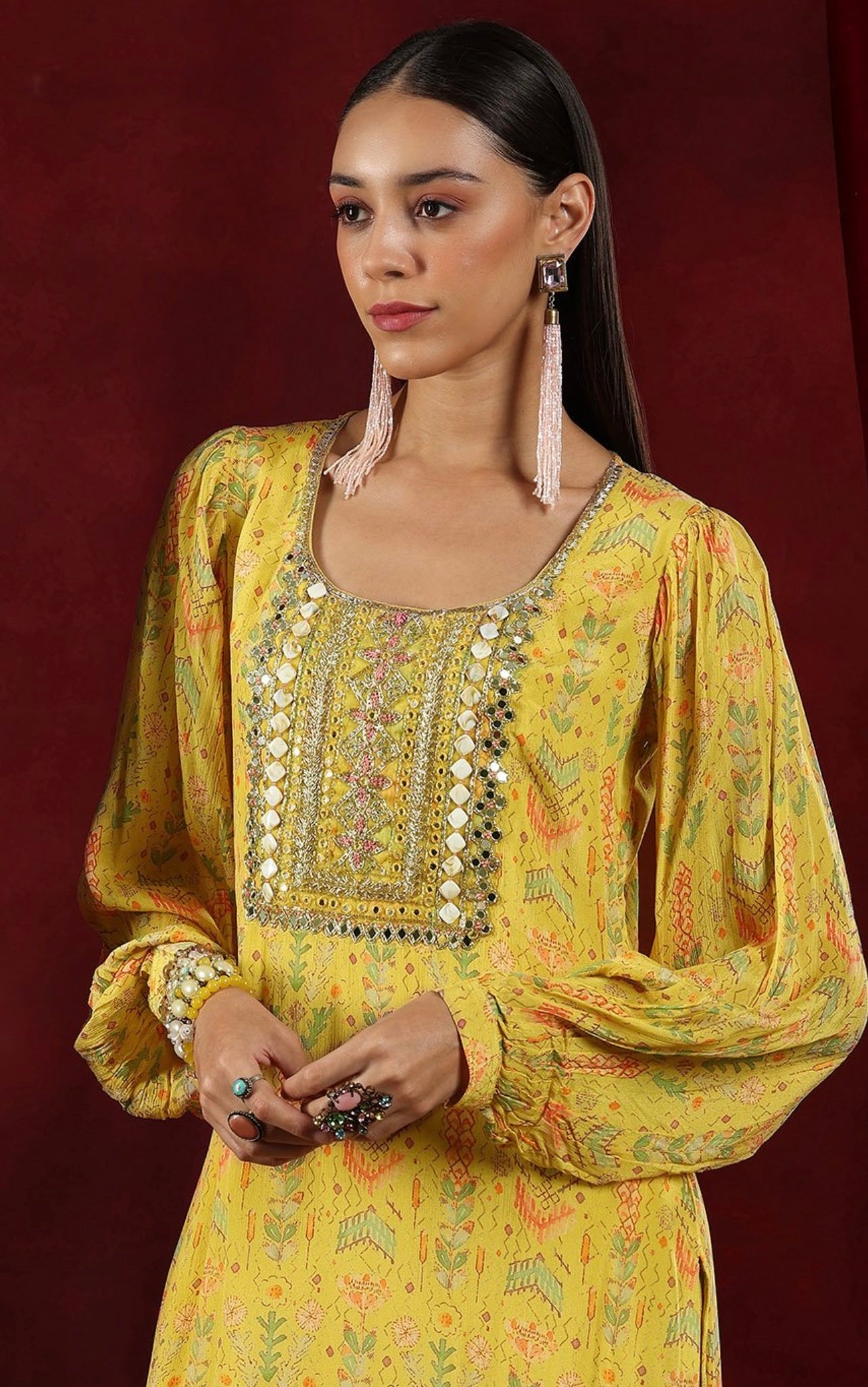 Yellow designer georgette flowy sharara suit