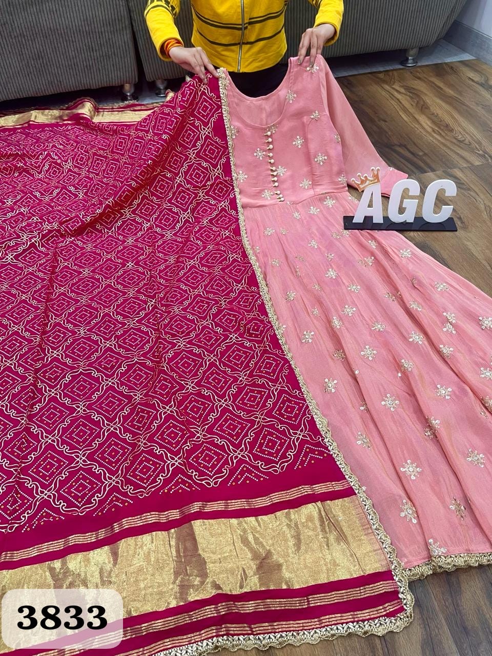 Premium pink jacquard fabric anarkali kurti and dupatta