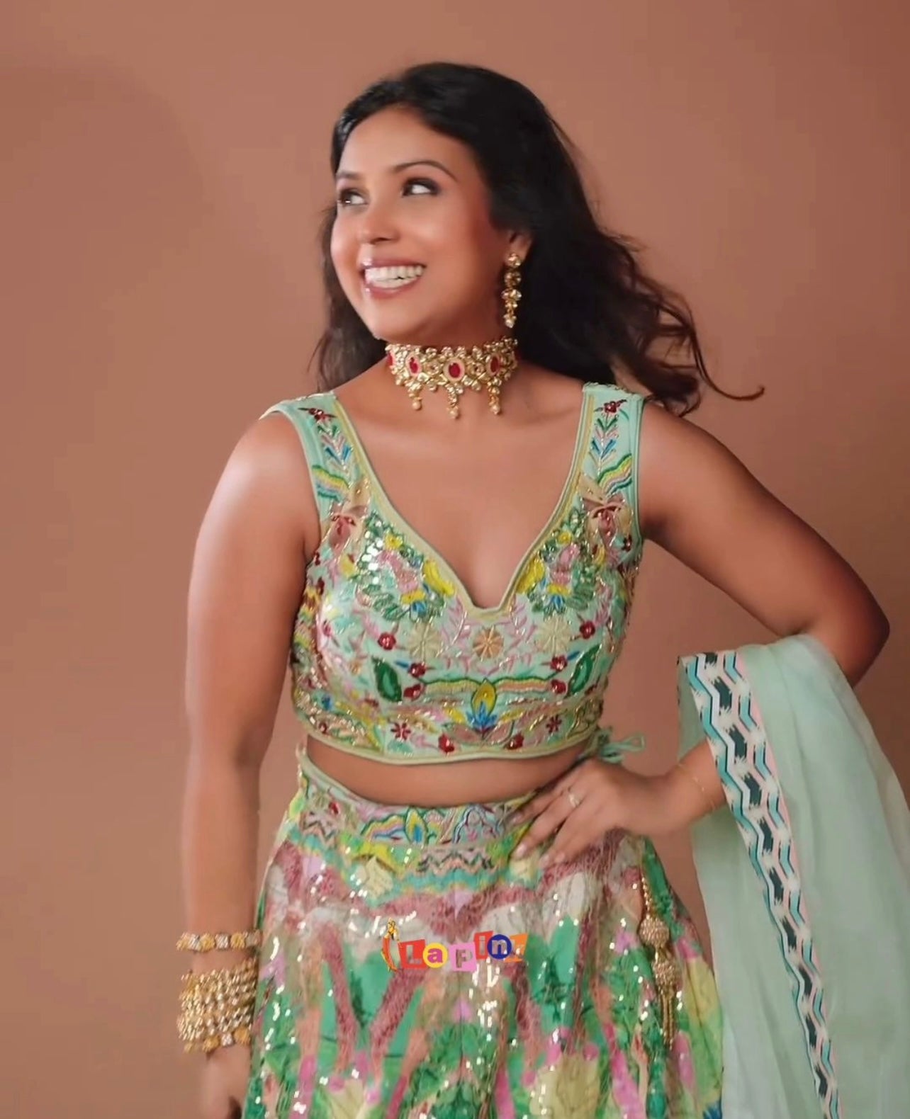 Green Multicolor partywear handwork lehenga