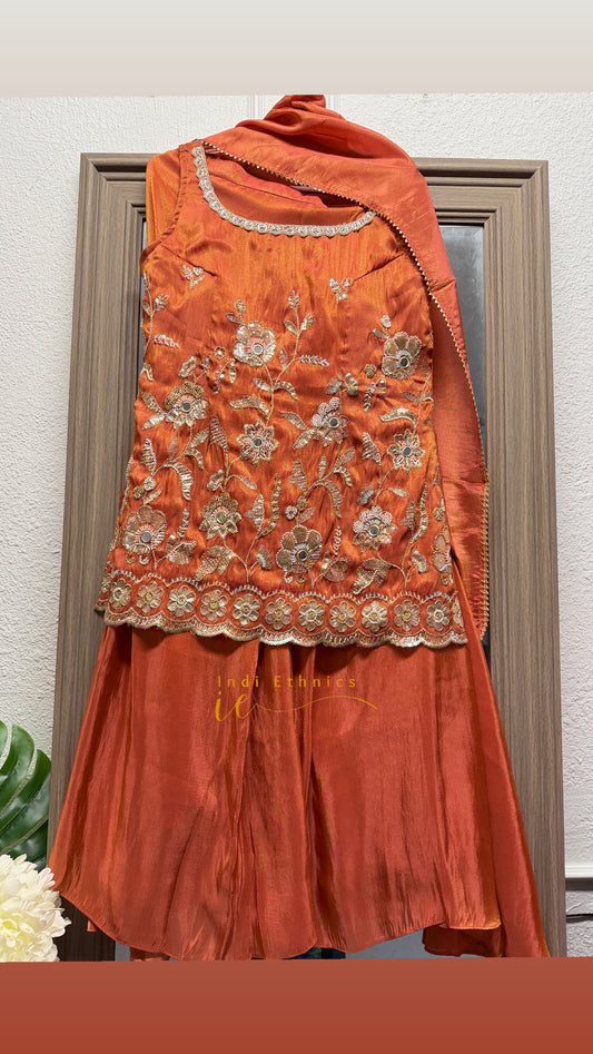 Orange shimmer tissue heavy handwork sharara suit ( sleeve cloth given)