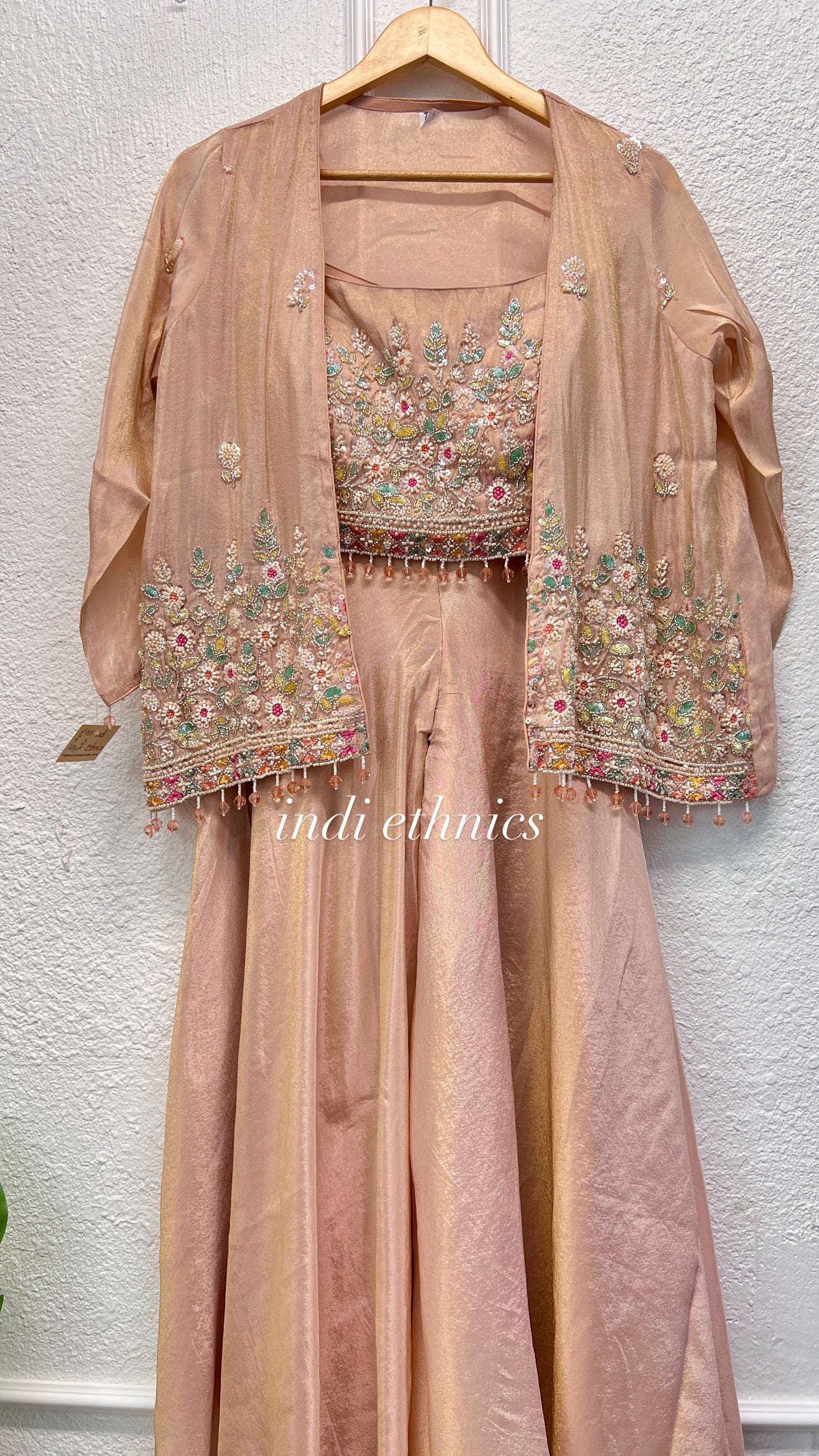 Onion pink heavy handwork partywear indo western top with shrug and sharara