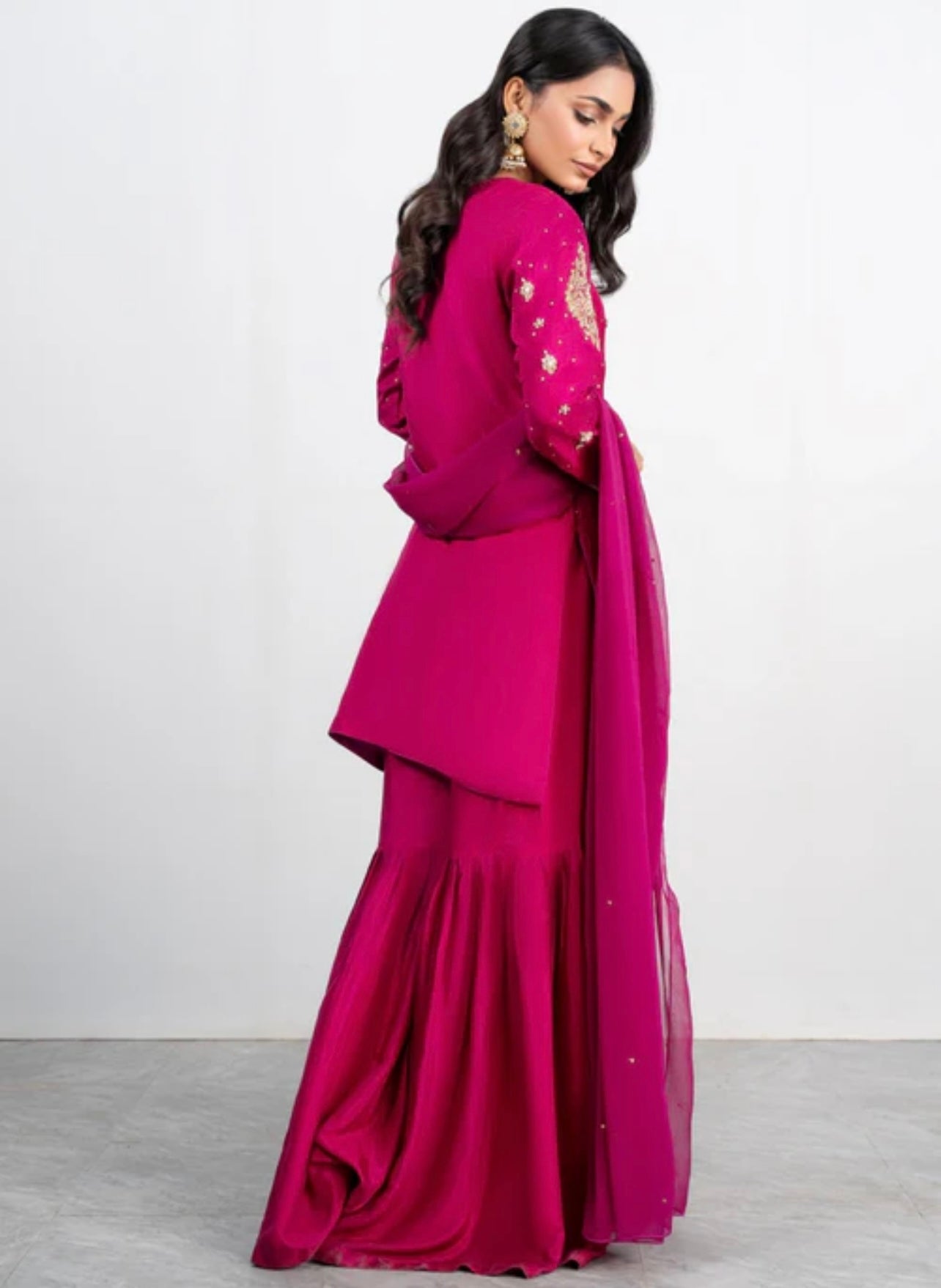 Wine heavy jardoshi work sharara suit