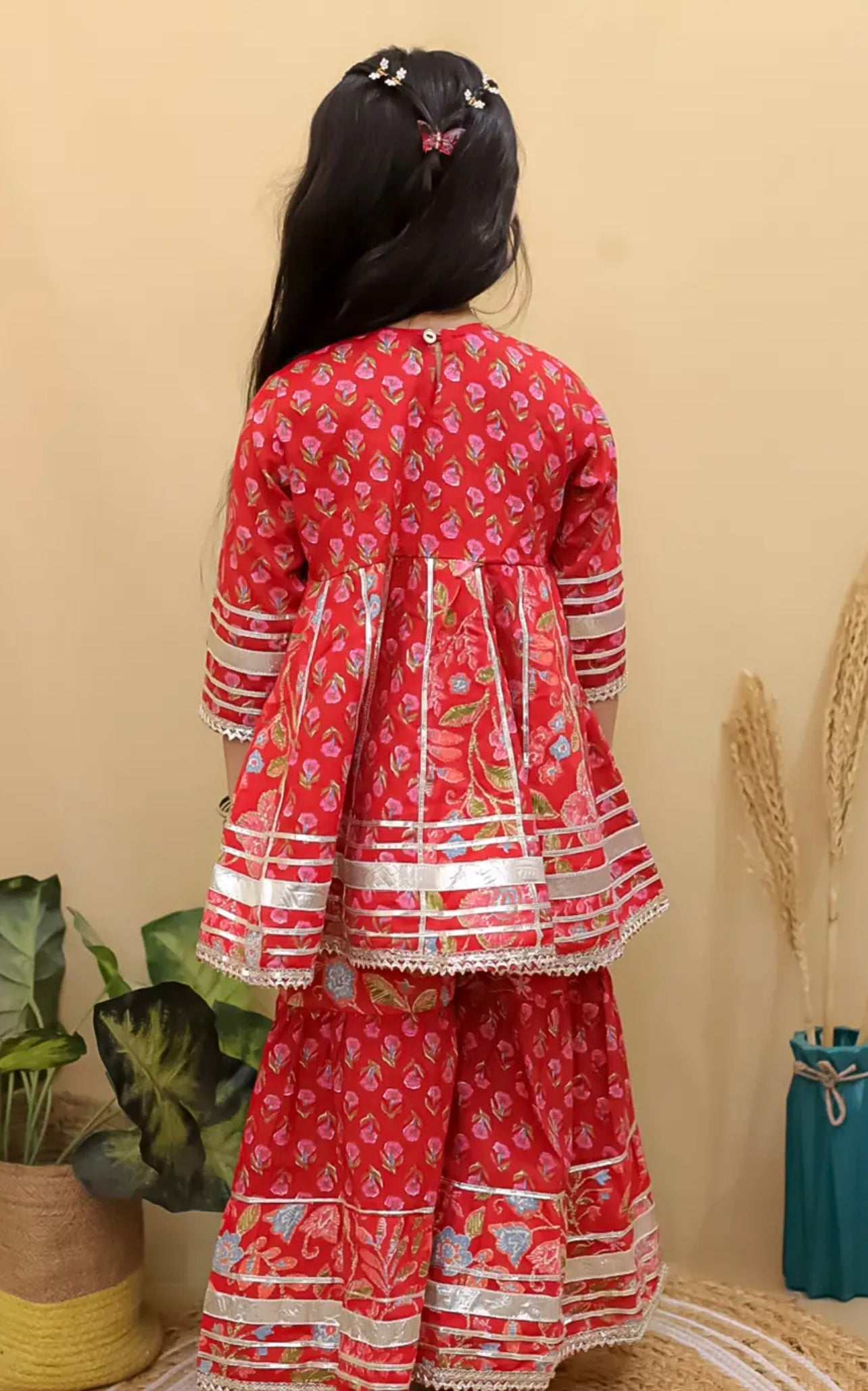 Girls Red pure cotton jaipuri sharara suit
