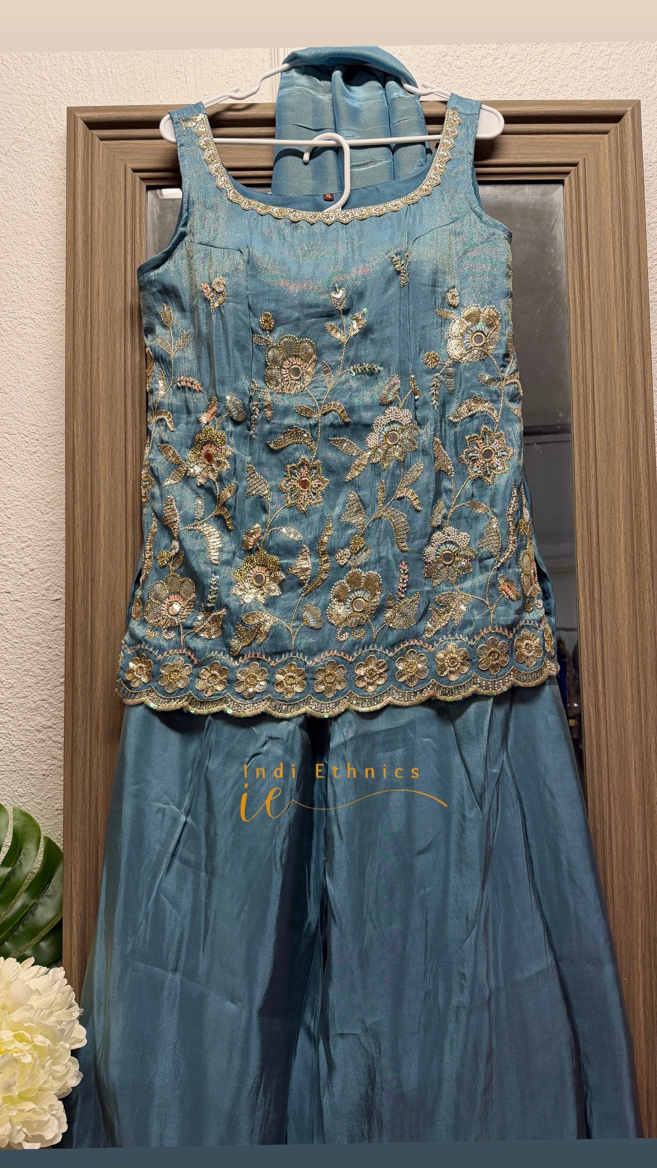 Ice blue pure shimmer tissue heavy handwork sharara suit