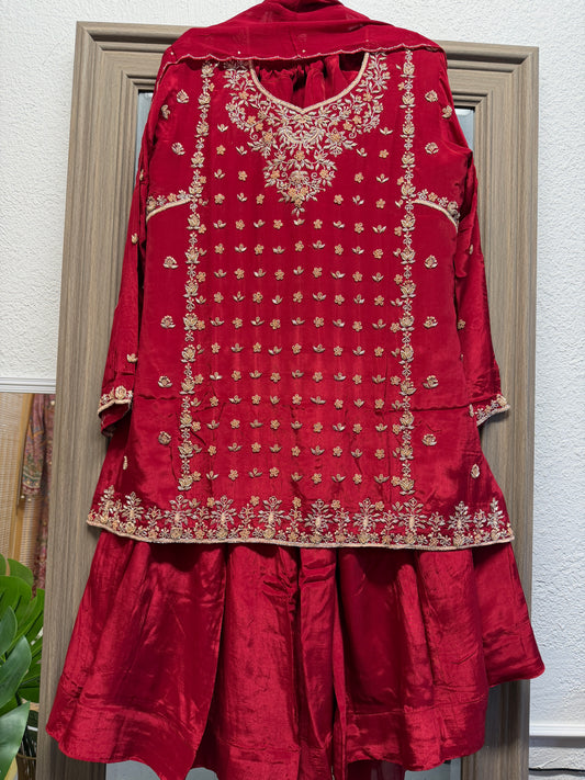 Red heavy handwork pure crepe silk sharara suit